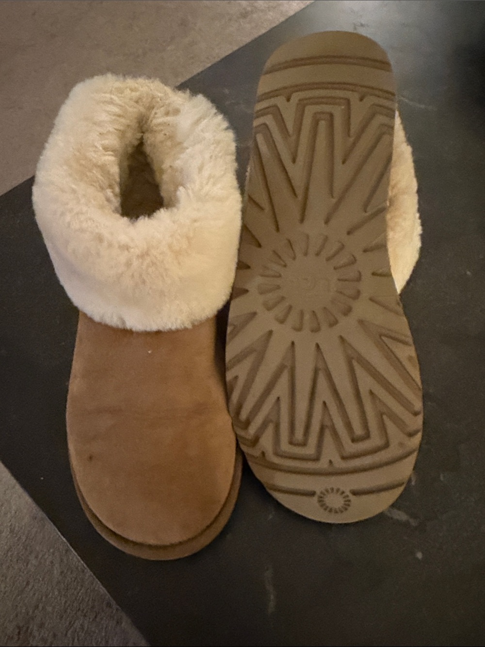 UGG Chestnut Suede Shearling Ankle Booties with Cream Collar